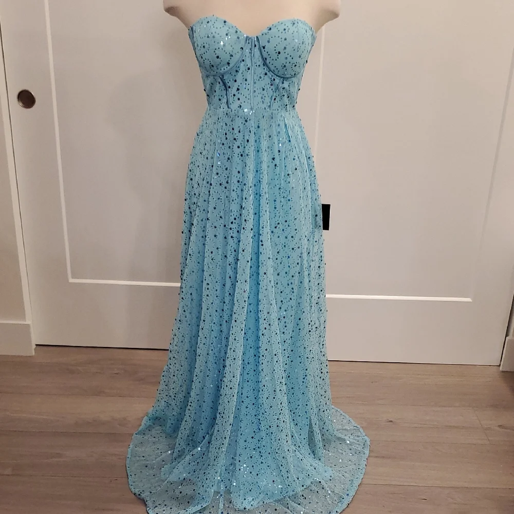 Lulu's Sparkling Strapless Blue maxi dress perfect for prom  Size M NWOT - Picture 3 of 9